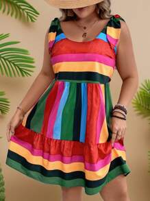 Travachic Plus Size Váy ngắn không tay sọc đầy màu sắc cho kỳ nghỉ & trang phục thường ngày - Màu xanh lá cây đậm - Xem 1