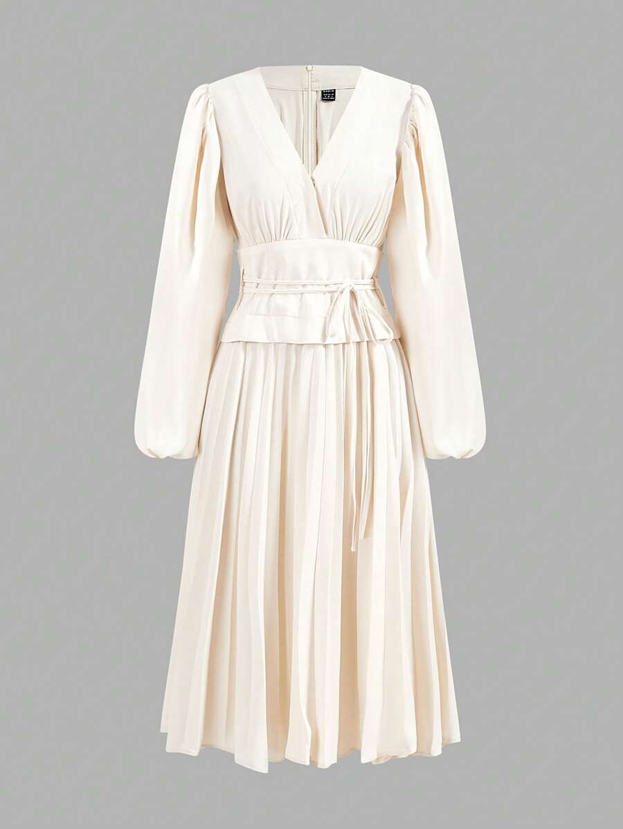 SHEIN Unity Women's Spring And Summer Elegant Solid Color Lantern Sleeve Pleated Hem Dress - Apricot - View 1