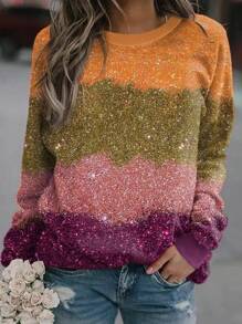 SHEIN LUNE Loose Fit Lightweight Colorful Asymmetrical Striped Print Women Sweatshirt - Multicolor - View 1