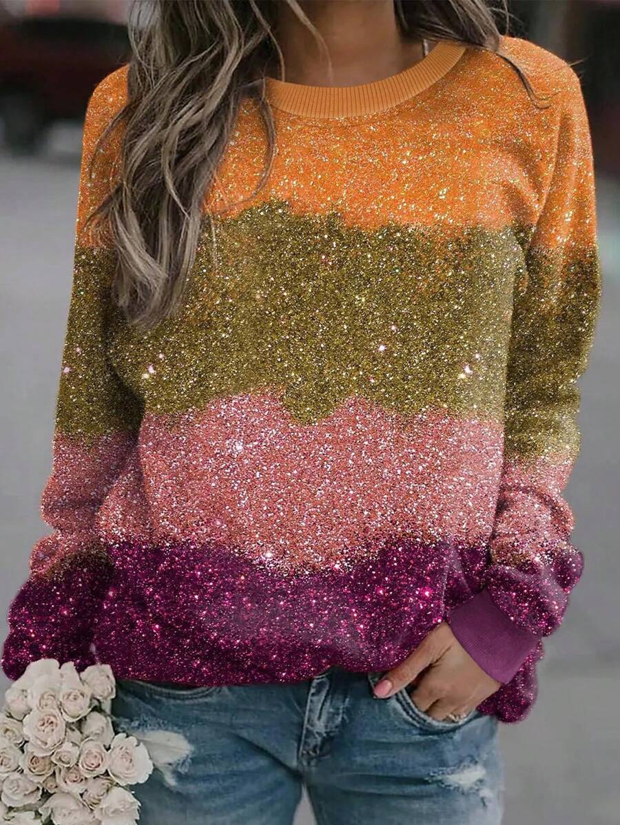 SHEIN LUNE Loose Fit Lightweight Colorful Asymmetrical Striped Print Women Sweatshirt - Multicolor - View 1