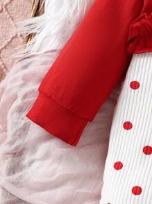 SHEIN Baby Girl Colorblock Polka Dot Printed Bow Decor Jumpsuit With Matching Headband - Red - View 6