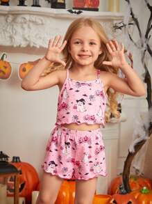 SHEIN Young Girl Halloween Themed Cute Cartoon Print Camisole & Shorts Knit Flame Resistant Pajama Set, Mommy And Me Matching Outfits (3 Sets Sold Separately)