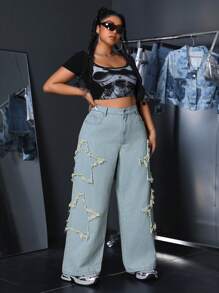 SHEIN ICON Plus Size Stars Embroidered Pockets Loose Fit Casual Wide Leg Jeans - Light Wash - View 5