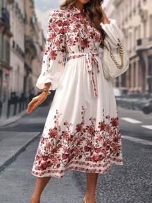 SHEIN Clasi Casual V-Neck Waist Tie Floral Print Dress