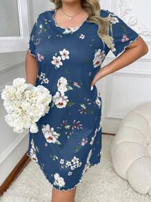 Blume Muster Kleid in Große Größen mit Kurzarm, Moo Moo Nachthemd - Blau - Übersicht 3