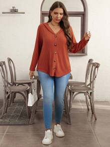 SHEIN LUNE 大码女式纯色简约日常拉链连帽衫 - 棕色 - 查看 6