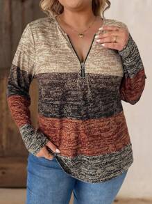 SHEIN LUNE Plus Size Women Christmas Women Outfit Brown Neckline Zipper Design T-Shirts Christmas Women's T Shirt