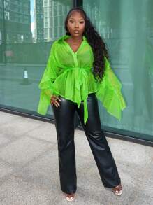 Slaydiva Camisa de mujer semitransparente de manga larga, de chifón, color verde fluorescente, con cuello con solapas, tirantes y decoración de volantes, elegante y casual