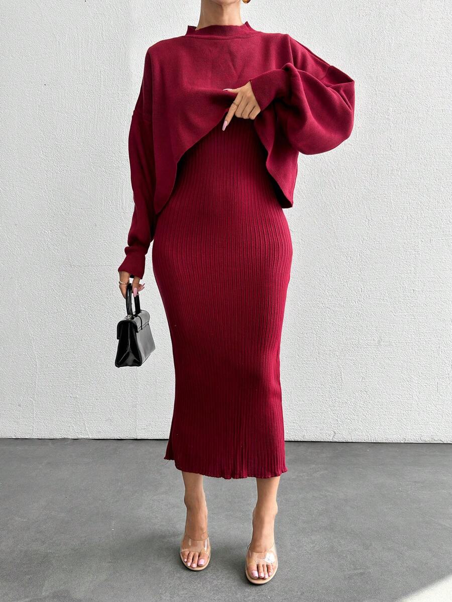 EURMUSE À Col Montant Épaule tombante Pull & En Tricot Robe - Rouge foncé - Voir 1