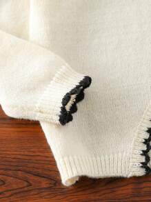 少女优雅休闲圆领白色开衩下摆毛衣，不对称下摆针织上衣，秋季新款 - 杏色 - 查看 4