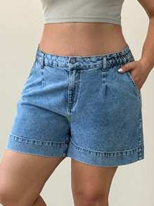 RueChic Plus Elastic Band And Back Pocket Detailed Short - Medium Wash - View 7