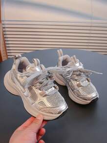 时尚百搭舒适透气学生校园风格钩环皮革表面平底儿童运动鞋 - 銀色 - 查看 4