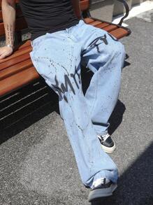 Manfinity EMRG Men's Casual Washed Ink Splash Letter Print Baggy Jeans - Light Wash - View 7