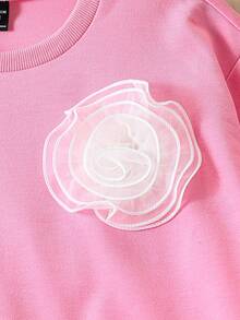 2pcs/Set Teen Girls Y2K Style Pink Long Sleeve Sweatshirt With 3D Floral Print & Denim Jeans, Fashion Outfit - Pink - View 3