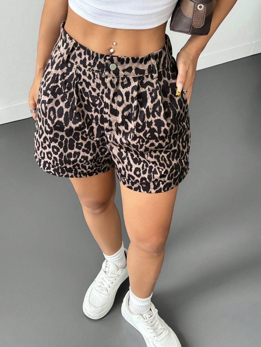 Muchica Quần short nữ có dây kéo cổ điển họa tiết da báo Y2K, mùa hè - màu nâu - Xem 1