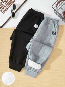 SHEIN 2 件 Tween Boy 休闲风格撞色贴片保暖内衬运动裤，适合秋冬季