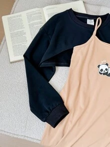 SHEIN 2 件套 Tween 女童纯色运动衫和熊猫印花吊带连衣裙休闲套装 - 黑色 - 查看 3