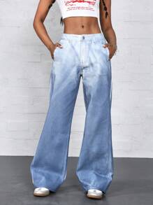 SHEIN ICON Women's Front Button Closure, Multi-Pocket, Ombre Washed Casual Denim Pants Low Rise Straight Leg Jeans