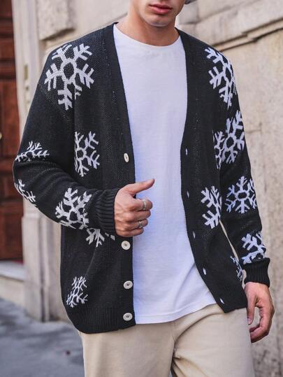 SHEIN Cottnline Kardigan męski z bawełny w regularnym stylu świątecznym z wzorem płatków śniegu