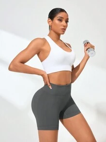 SHEIN Sports Women's Solid Color High Waist Everyday Fitness Shorts - Grey - View 4