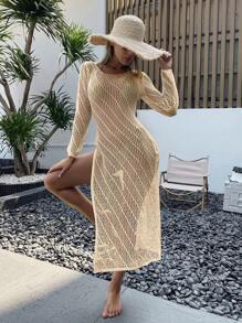 SHEIN Swim 纯色圆领优雅针织长袖罩衫连衣裙 - 杏色 - 查看 1