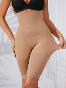 Quần short giảm béo eo cao màu trơn liền mạch - Màu be - Xem 5