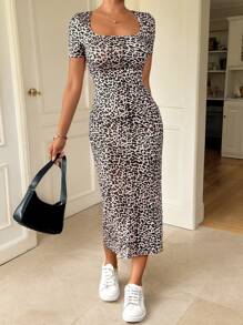 Frenchy Vestido ajustado casual de verano con estampado de leopardo y abertura - Negro - Ver 5