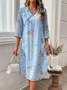 SHEIN Unity V领花卉印花休闲中国风雪纺连衣裙 - 淺藍色 - 查看 3