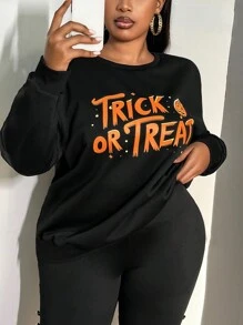 SHEIN SXY 大码圆领长袖字母印花简约套头衫，秋冬休闲日常穿着 - 黑色 - 查看 4