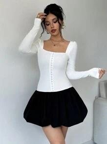 Chiquease Summer Elegant Low Waist Contrast Color Block Long Sleeve Dress - Black and White - View 1