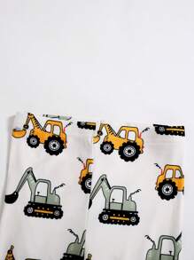 Cozy Pixies 2pcs Cartoon Car Print Soft Knit Crew Neck Contrast Raglan Sleeve Top And Pants Baby Boy Snug Fit Pajama Set