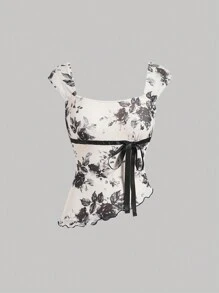 SHEIN MOD Women's Asymmetric Hem Contrast Color Wavy Hem Low Tank Top With Bow Ribbon Decor - Black - View 1