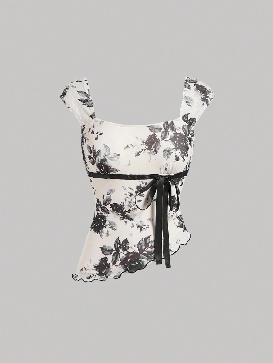 SHEIN MOD Women's Asymmetric Hem Contrast Color Wavy Hem Low Tank Top With Bow Ribbon Decor - Black - View 1