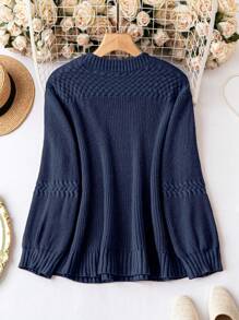 SHEIN LUNE Plus Size Casual Solid Color Round Neck Sweater, Spring & Autumn Knit Pullover Fall Winter - Royal Blue - View 2