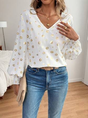 SHEIN LUNE Women's V-Neck Long Sleeve Chiffon Blouse With Foil Leopard Print, Suitable For Outings