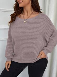 SHEIN LUNE Plus Size Solid Color Crew Neck Long Sleeve Sweater, For Winter Knit Pullover Fall - Dusty Pink - View 3