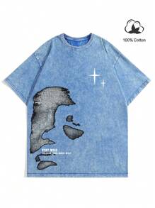 Manfinity EMRG 男士休闲圆领字母印花短袖T恤，夏季 - 藍色 - 查看 2