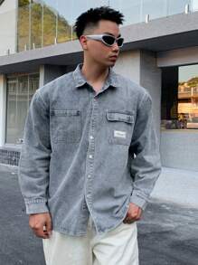 DAZY 男士休闲纽扣口袋长袖时尚街头风格牛仔衬衫秋冬 - 灰色 - 查看 5