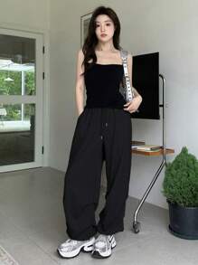 DAZY 女式抽绳腰休闲蝴蝶结装饰褶皱运动裤秋季女式慢跑裤 - 黑色 - 查看 4
