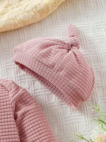 SHEIN 3 件装女婴简约纯色长袖连体衣、裤子和帽子舒适家居服套装 - 粉色 - 查看 3