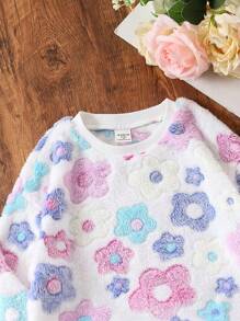 SHEIN Young Girl & Girl Floral Fuzzy Pullover Sweatshirt, Suitable For Pairing With Various Pants, Skirts And Jackets, Versatile And Excellent Cost-Performance, Suitable For Everyday Wear