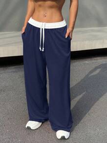 SHEIN EZwear Light Gray Anastasia Sweatpants Graduation,Back To School Outfits,Graduation,Teacher Outfits For Women,Back To School - Navy Blue - View 4