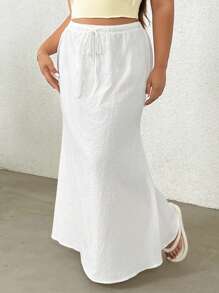 SHEIN EZwear Plus Size Cotton Drawstring White Maxi Skirt - Beige - View 1