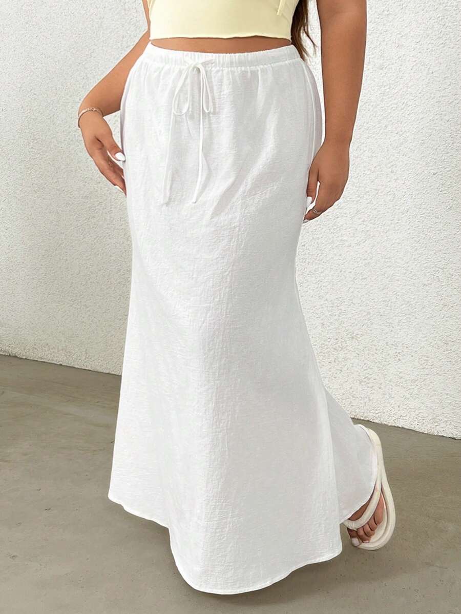 SHEIN EZwear Plus Size Cotton Drawstring White Maxi Skirt - Beige - View 1