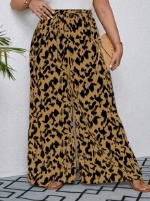 SHEIN VCAY Plus Size Full-Length Printed Paper Bag Waist Wide Leg Summer Pants - Coffee Brown - View 5