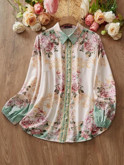 Lacomfia Women's Plus Size Positioning Flower Simple Daily Shirt, Button Down Shirt Top, For Business/Work/School/Casual Daily Wear