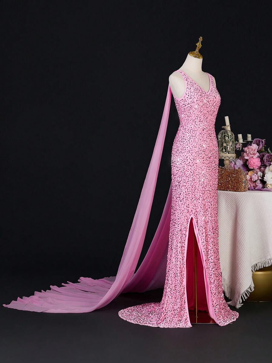 Váy voan xẻ tà cổ chữ V, viền xẻ, đính sequin cho bé gái tuổi teen dùng cho tiệc cưới, tiệc khiêu vũ, tiệc sinh nhật - Hồng - Xem 1