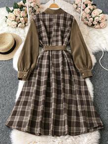 SHEIN LUNE 大码女式格子纯色拼布长袖连衣裙