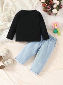 SHEIN Playful Pals Bộ áo dài tay in hoa thường ngày & quần denim cho bé gái mùa xuân/thu - màu đen - Xem 2