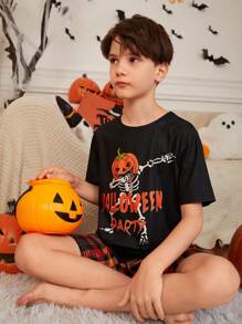 SHEIN Tween Boy Halloween Pumpkin Cartoon Print Short Sleeve Shorts Loose Casual Pajama Set, Daddy And Me Matching Outfits (3 Sets Sold Separately) - Black - View 6